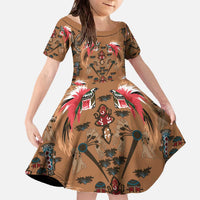 Terracotta Bird of Batik Papua Family Matching Off The Shoulder Long Sleeve Dress and Hawaiian Shirt Exotic Natural Wealth of Papua LT9 Daughter's Dress Gold - Polynesian Pride