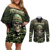 Veterans Day Couples Matching Off Shoulder Short Dress and Long Sleeve Button Shirt War Never Leaves A Veteran Proud Military