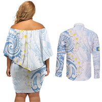 Palau 1981 Tribal Tattoo Couples Matching Off Shoulder Short Dress and Long Sleeve Button Shirt with Belau Plumeria Flowers