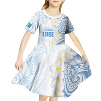 Palau 1981 Tribal Tattoo Kid Short Sleeve Dress with Belau Plumeria Flowers