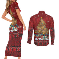 Funny Kiwi Bird Xmas Tree Couples Matching Short Sleeve Bodycon Dress and Long Sleeve Button Shirt New Zealand Tribal Christmas Spirit - Polynesian Pride