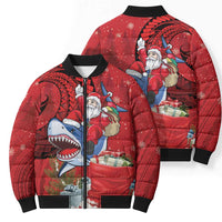 Funny Santa Riding Shark Bomber Puffer Jacket Polynesian Tribal Christmas Spirit - Polynesian Pride