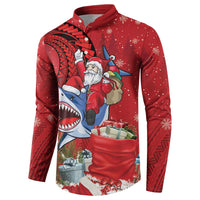 Funny Santa Riding Shark Button Sweatshirt Polynesian Tribal Christmas Spirit - Polynesian Pride