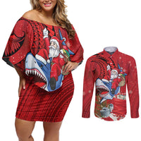 Funny Santa Riding Shark Couples Matching Off Shoulder Short Dress and Long Sleeve Button Shirt Polynesian Tribal Christmas Spirit - Polynesian Pride