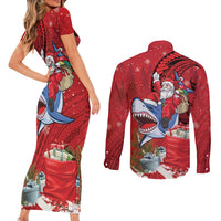 Funny Santa Riding Shark Couples Matching Short Sleeve Bodycon Dress and Long Sleeve Button Shirt Polynesian Tribal Christmas Spirit - Polynesian Pride