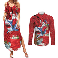 Funny Santa Riding Shark Couples Matching Summer Maxi Dress and Long Sleeve Button Shirt Polynesian Tribal Christmas Spirit - Polynesian Pride