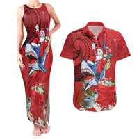 Funny Santa Riding Shark Couples Matching Tank Maxi Dress and Hawaiian Shirt Polynesian Tribal Christmas Spirit - Polynesian Pride