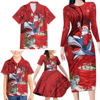 Funny Santa Riding Shark Family Matching Long Sleeve Bodycon Dress and Hawaiian Shirt Polynesian Tribal Christmas Spirit - Polynesian Pride