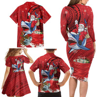 Funny Santa Riding Shark Family Matching Long Sleeve Bodycon Dress and Hawaiian Shirt Polynesian Tribal Christmas Spirit - Polynesian Pride
