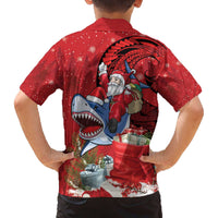 Funny Santa Riding Shark Family Matching Off The Shoulder Long Sleeve Dress and Hawaiian Shirt Polynesian Tribal Christmas Spirit - Polynesian Pride