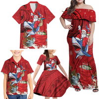 Funny Santa Riding Shark Family Matching Off Shoulder Maxi Dress and Hawaiian Shirt Polynesian Tribal Christmas Spirit - Polynesian Pride