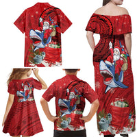 Funny Santa Riding Shark Family Matching Off Shoulder Maxi Dress and Hawaiian Shirt Polynesian Tribal Christmas Spirit - Polynesian Pride