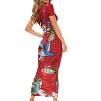 Funny Santa Riding Shark Family Matching Short Sleeve Bodycon Dress and Hawaiian Shirt Polynesian Tribal Christmas Spirit - Polynesian Pride