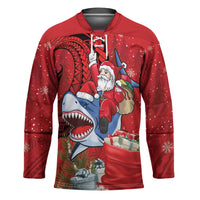 Funny Santa Riding Shark Hockey Jersey Polynesian Tribal Christmas Spirit - Polynesian Pride