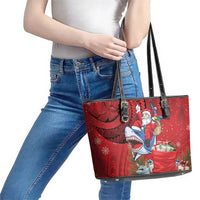 Funny Santa Riding Shark Leather Tote Bag Polynesian Tribal Christmas Spirit - Polynesian Pride