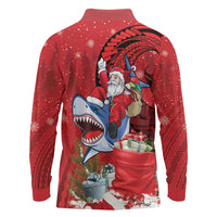 Funny Santa Riding Shark Long Sleeve Polo Shirt Polynesian Tribal Christmas Spirit - Polynesian Pride