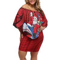 Funny Santa Riding Shark Off Shoulder Short Dress Polynesian Tribal Christmas Spirit - Polynesian Pride