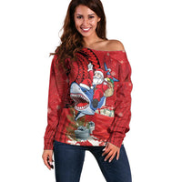 Funny Santa Riding Shark Off Shoulder Sweater Polynesian Tribal Christmas Spirit - Polynesian Pride