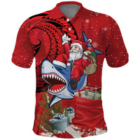 Funny Santa Riding Shark Polo Shirt Polynesian Tribal Christmas Spirit - Polynesian Pride