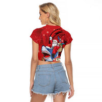 Funny Santa Riding Shark Raglan Cropped T Shirt Polynesian Tribal Christmas Spirit - Polynesian Pride
