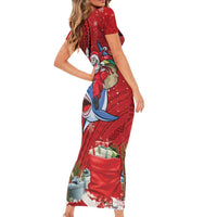 Funny Santa Riding Shark Short Sleeve Bodycon Dress Polynesian Tribal Christmas Spirit - Polynesian Pride