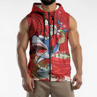 Funny Santa Riding Shark Sleeveless Zip Hoodie Polynesian Tribal Christmas Spirit - Polynesian Pride