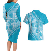 Hawaii Breadfruit Palaka Couples Matching Long Sleeve Bodycon Dress and Hawaiian Shirt Polu Maile Lei - Polynesian Pride