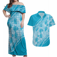 Hawaii Breadfruit Palaka Couples Matching Off Shoulder Maxi Dress and Hawaiian Shirt Polu Maile Lei - Polynesian Pride
