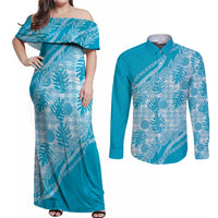 Hawaii Breadfruit Palaka Couples Matching Off Shoulder Maxi Dress and Long Sleeve Button Shirt Polu Maile Lei - Polynesian Pride
