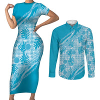 Hawaii Breadfruit Palaka Couples Matching Short Sleeve Bodycon Dress and Long Sleeve Button Shirt Polu Maile Lei LT9 Blue - Polynesian Pride