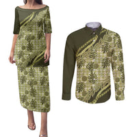 Hawaii Breadfruit Palaka Couples Matching Puletasi and Long Sleeve Button Shirt Omaomao Maile Lei - Polynesian Pride
