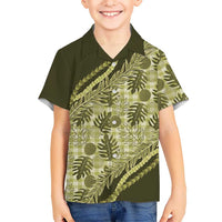 Hawaii Breadfruit Palaka Family Matching Off The Shoulder Long Sleeve Dress and Hawaiian Shirt Omaomao Maile Lei - Polynesian Pride