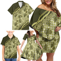 Hawaii Breadfruit Palaka Family Matching Off Shoulder Short Dress and Hawaiian Shirt Omaomao Maile Lei - Polynesian Pride