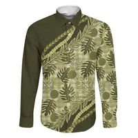 Hawaii Breadfruit Palaka Family Matching Puletasi and Hawaiian Shirt Omaomao Maile Lei LT9 Dad's Shirt - Long Sleeve Green - Polynesian Pride