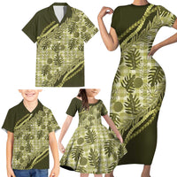 Hawaii Breadfruit Palaka Family Matching Short Sleeve Bodycon Dress and Hawaiian Shirt Omaomao Maile Lei - Polynesian Pride