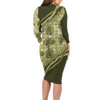 Hawaii Breadfruit Palaka Long Sleeve Bodycon Dress Omaomao Maile Lei - Polynesian Pride