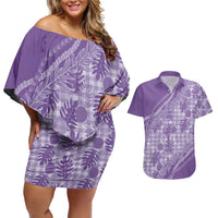 Hawaii Breadfruit Palaka Couples Matching Off Shoulder Short Dress and Hawaiian Shirt Poni Maile Lei - Polynesian Pride
