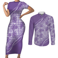 Hawaii Breadfruit Palaka Couples Matching Short Sleeve Bodycon Dress and Long Sleeve Button Shirt Poni Maile Lei LT9 Purple - Polynesian Pride