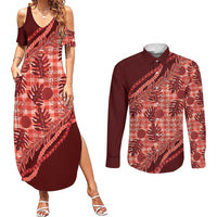 Hawaii Breadfruit Palaka Couples Matching Summer Maxi Dress and Long Sleeve Button Shirt Ulaula Maile Lei LT9 Red - Polynesian Pride