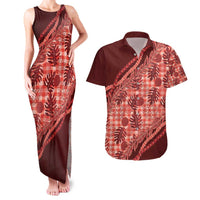Hawaii Breadfruit Palaka Couples Matching Tank Maxi Dress and Hawaiian Shirt Ulaula Maile Lei - Polynesian Pride