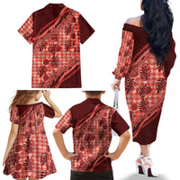 Hawaii Breadfruit Palaka Family Matching Off The Shoulder Long Sleeve Dress and Hawaiian Shirt Ulaula Maile Lei - Polynesian Pride