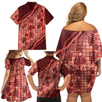 Hawaii Breadfruit Palaka Family Matching Off Shoulder Short Dress and Hawaiian Shirt Ulaula Maile Lei - Polynesian Pride