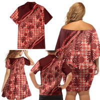 Hawaii Breadfruit Palaka Family Matching Off Shoulder Short Dress and Hawaiian Shirt Ulaula Maile Lei - Polynesian Pride