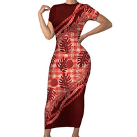 Hawaii Breadfruit Palaka Short Sleeve Bodycon Dress Ulaula Maile Lei - Polynesian Pride