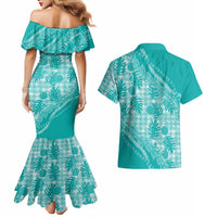 Hawaii Breadfruit Palaka Couples Matching Mermaid Dress and Hawaiian Shirt Polu Opal Maile Lei - Polynesian Pride