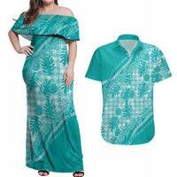 Hawaii Breadfruit Palaka Couples Matching Off Shoulder Maxi Dress and Hawaiian Shirt Polu Opal Maile Lei LT9 Turquoise - Polynesian Pride