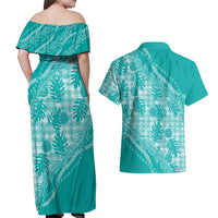 Hawaii Breadfruit Palaka Couples Matching Off Shoulder Maxi Dress and Hawaiian Shirt Polu Opal Maile Lei LT9 - Polynesian Pride