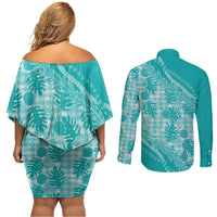 Hawaii Breadfruit Palaka Couples Matching Off Shoulder Short Dress and Long Sleeve Button Shirt Polu Opal Maile Lei - Polynesian Pride