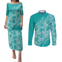 Hawaii Breadfruit Palaka Couples Matching Puletasi and Long Sleeve Button Shirt Polu Opal Maile Lei - Polynesian Pride