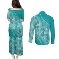 Hawaii Breadfruit Palaka Couples Matching Puletasi and Long Sleeve Button Shirt Polu Opal Maile Lei - Polynesian Pride